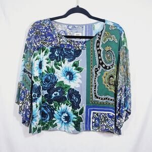 Anthropologie - Tiny Ellery Green Blue Floral Patch Work Blouse Size XSP Boho